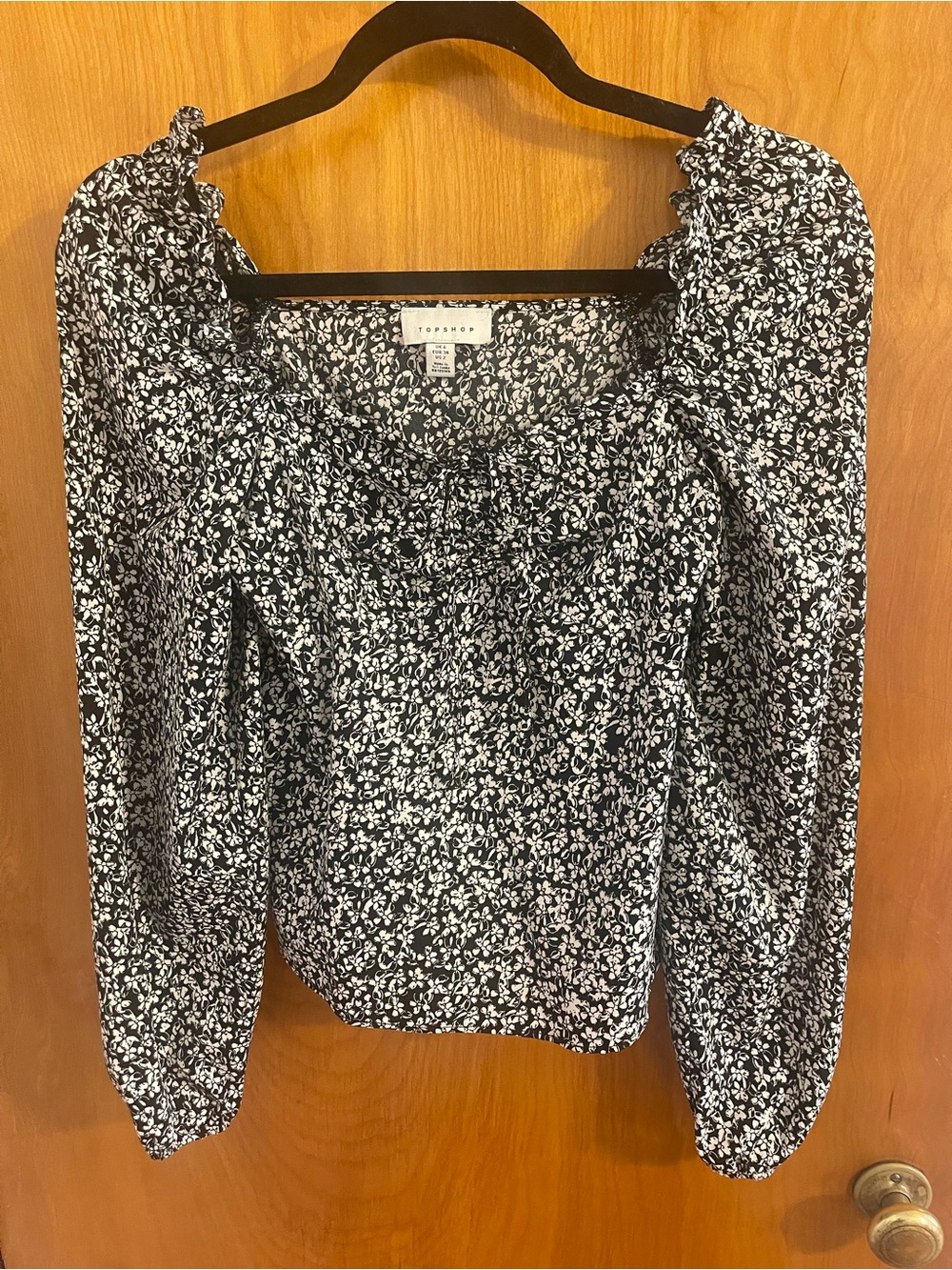 TOPSHOP Black and White Floral Long-Sleeve Square Neck Top